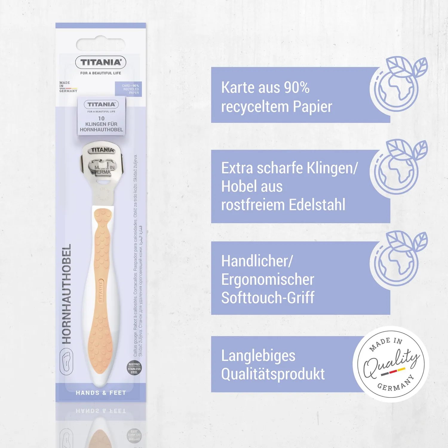 Titania Hornhauthobel Edelstahl Apricot mit 10 Klingen