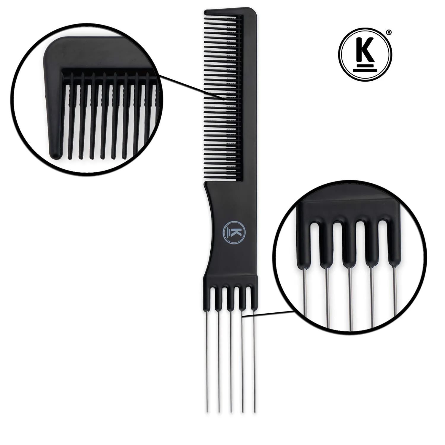 K-Pro Toupierkamm mit Metallgabel Stielkamm Schwarz 19,4 cm