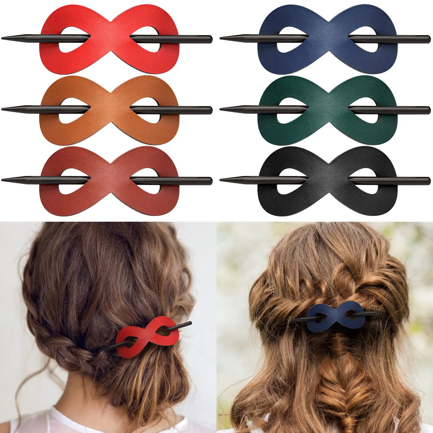 Noverlife Haarspange Kunstleder mit Stab 6er Set 8,5 cm