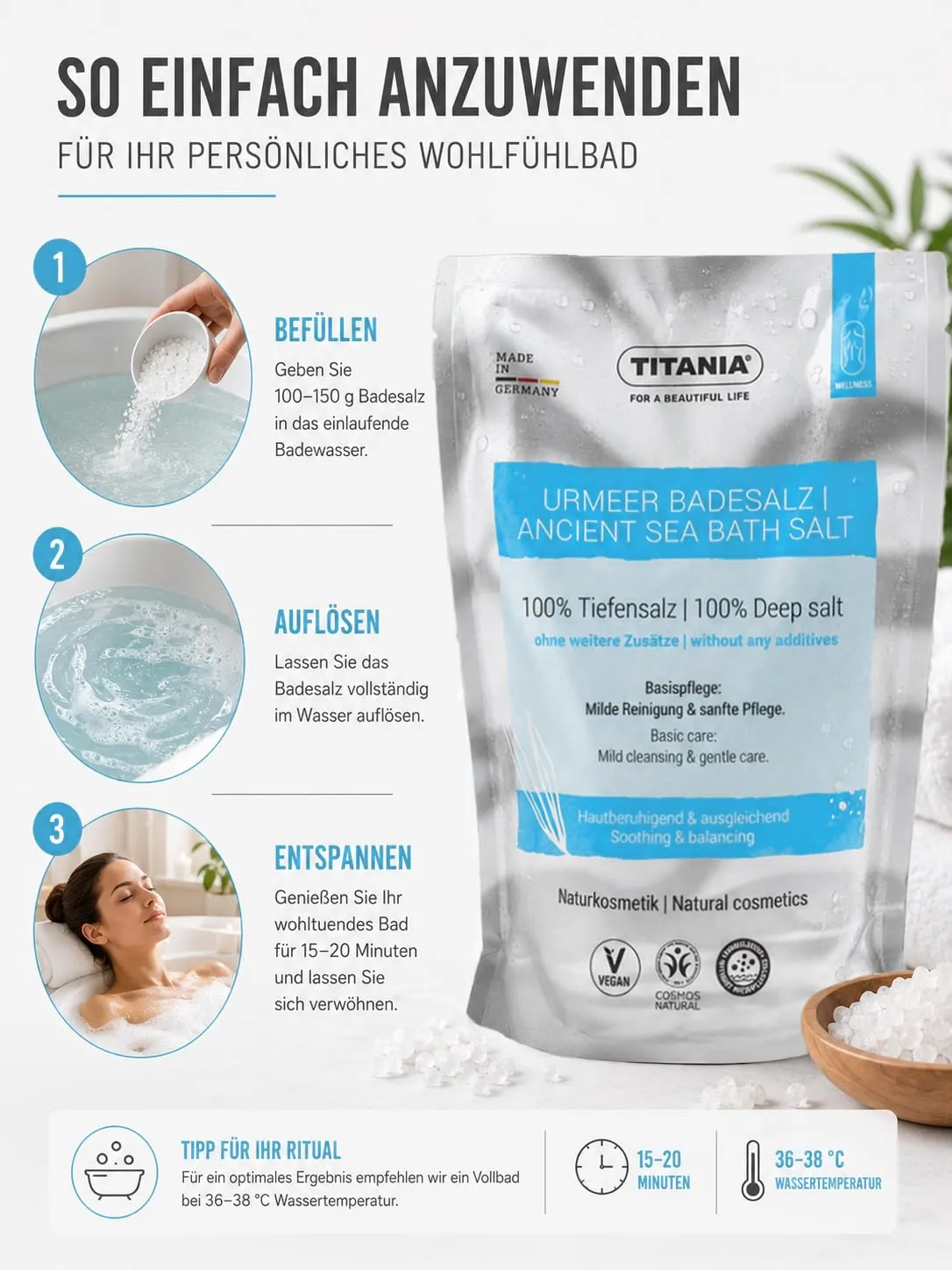 Titania Urmeer Badesalz 450 g Tiefensalz pur