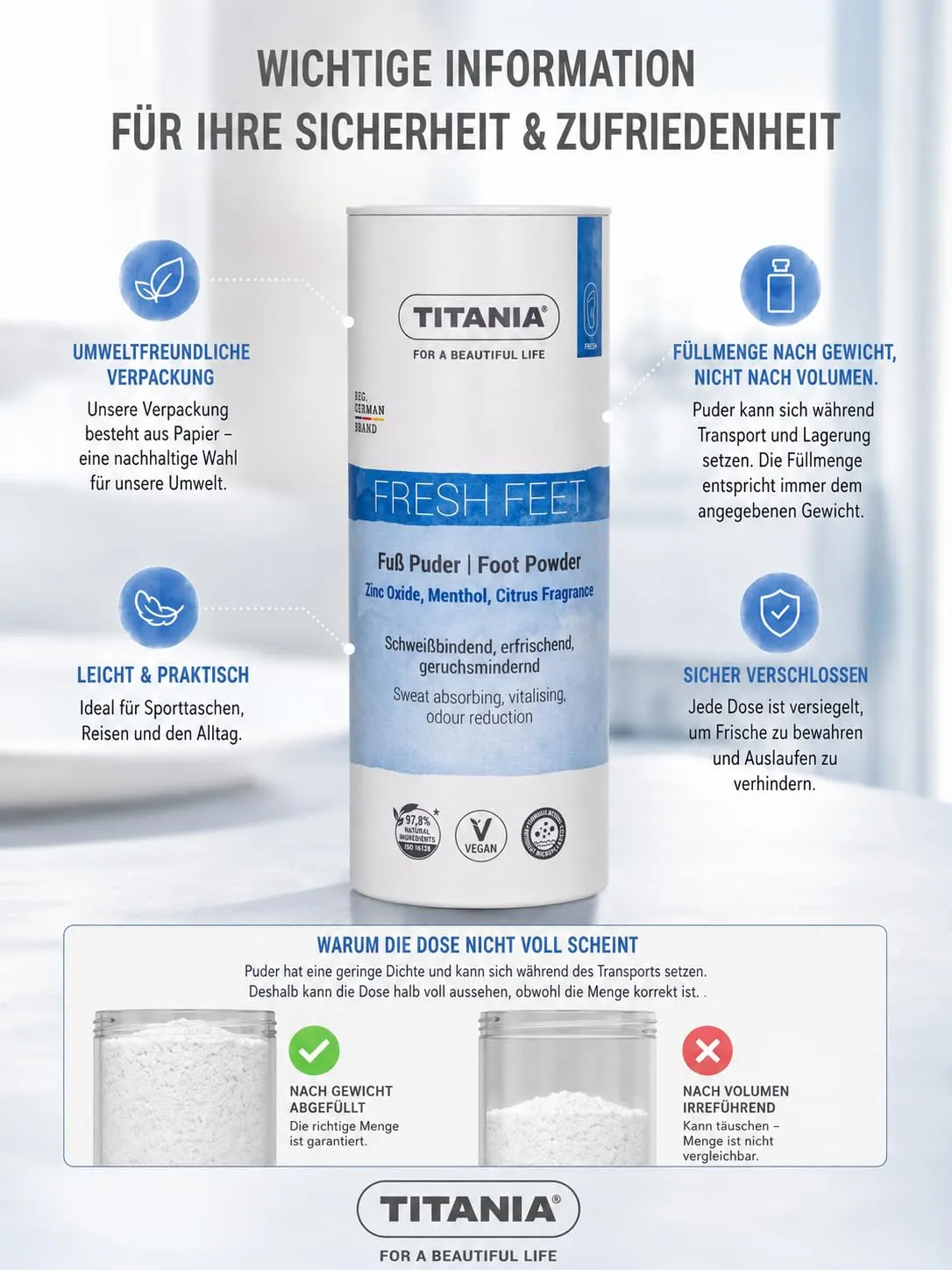 Titania Fußpuder Zinkoxid Menthol Zitrusduft 100 g