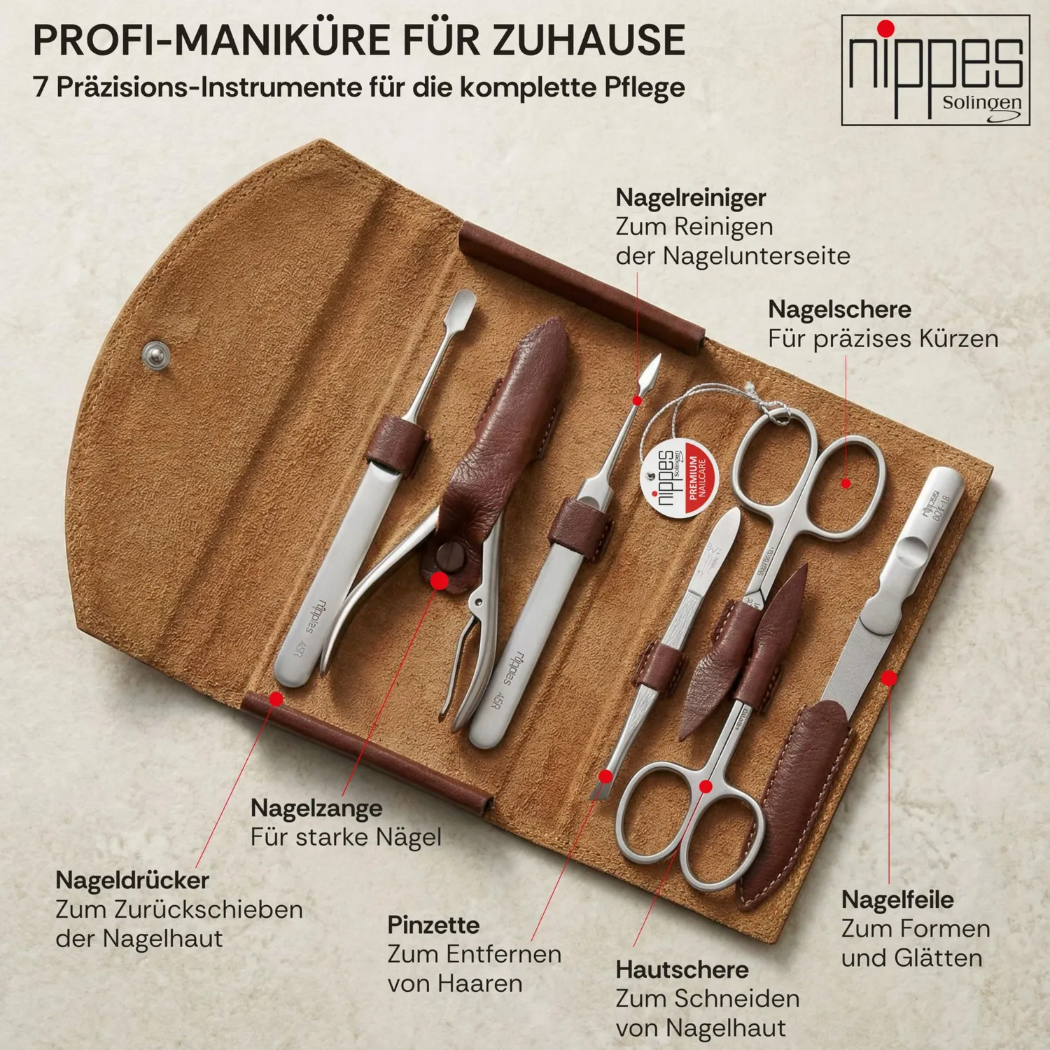Nippes Solingen Classic Maniküre Set 7-tlg Edelstahl Rindsleder