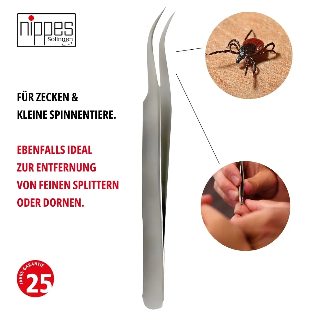 Nippes Solingen Zeckenpinzette Edelstahl spitz gebogen