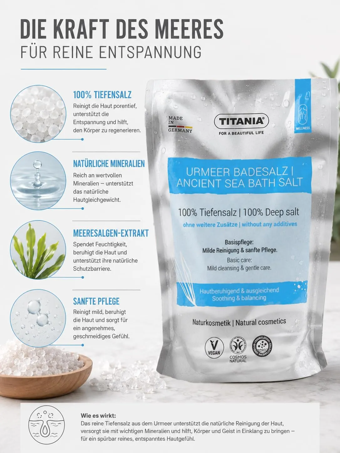 Titania Urmeer Badesalz 450 g Tiefensalz pur