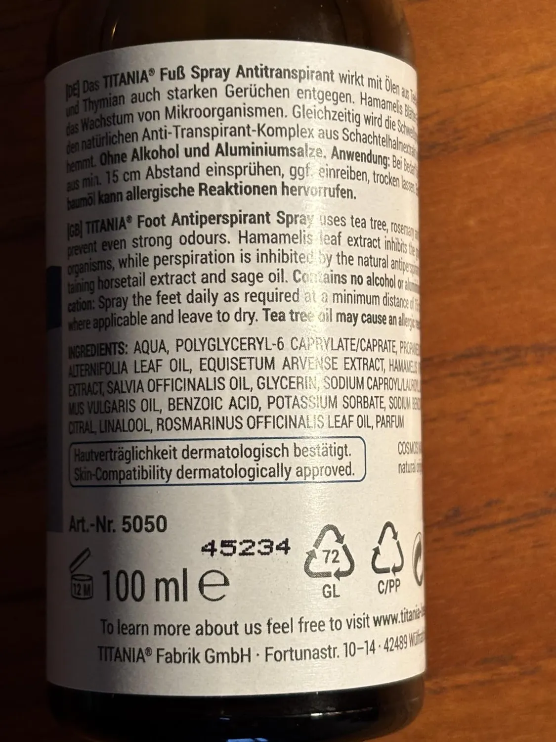 Titania Fußspray Antitranspirant 100 ml ohne Alkohol