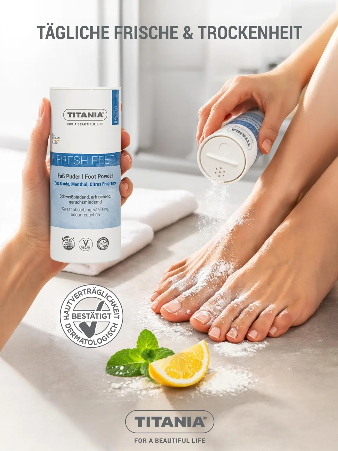 Titania Fußpuder Zinkoxid Menthol Zitrusduft 100 g
