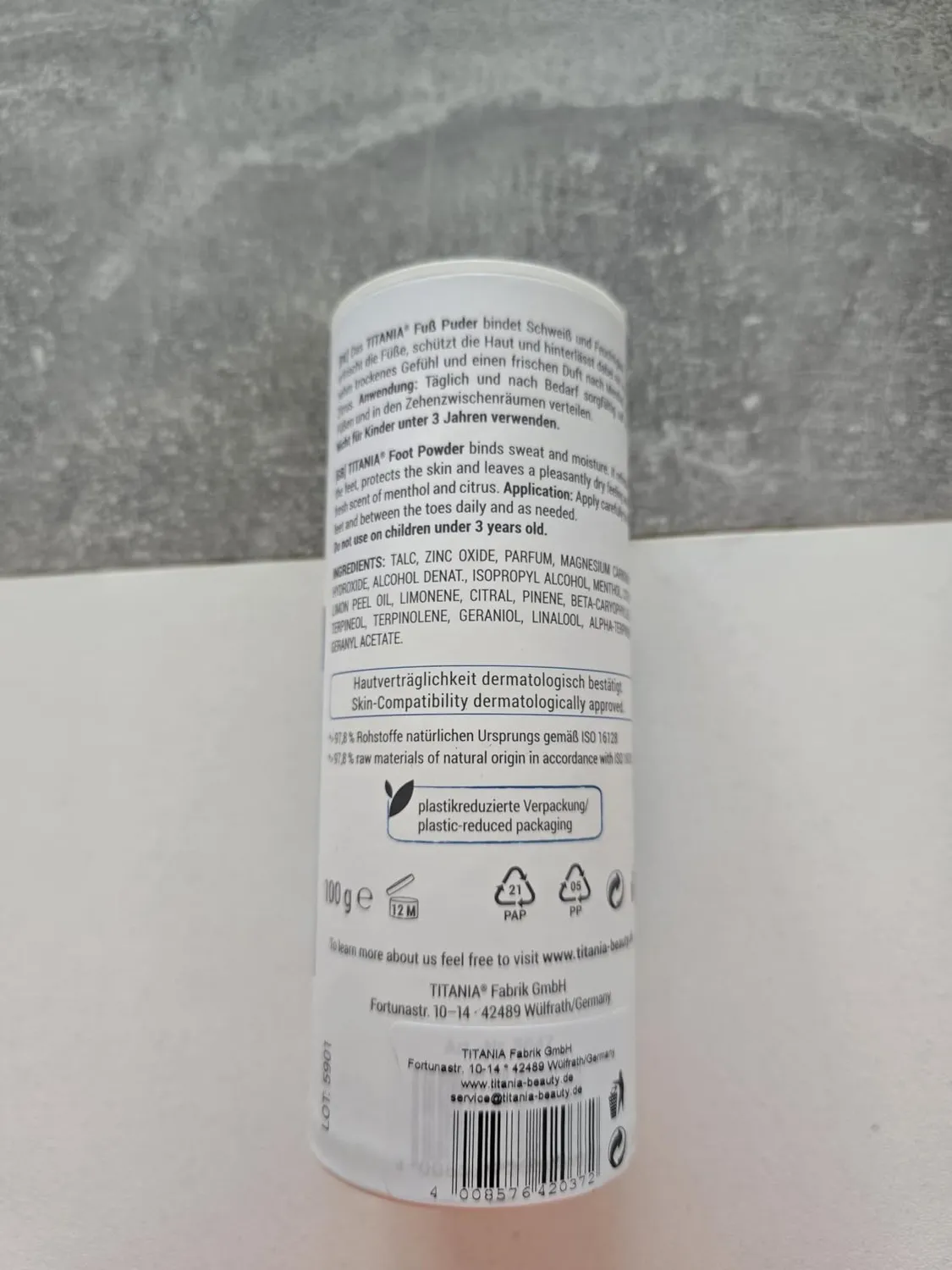 Titania Fußpuder Zinkoxid Menthol Zitrusduft 100 g