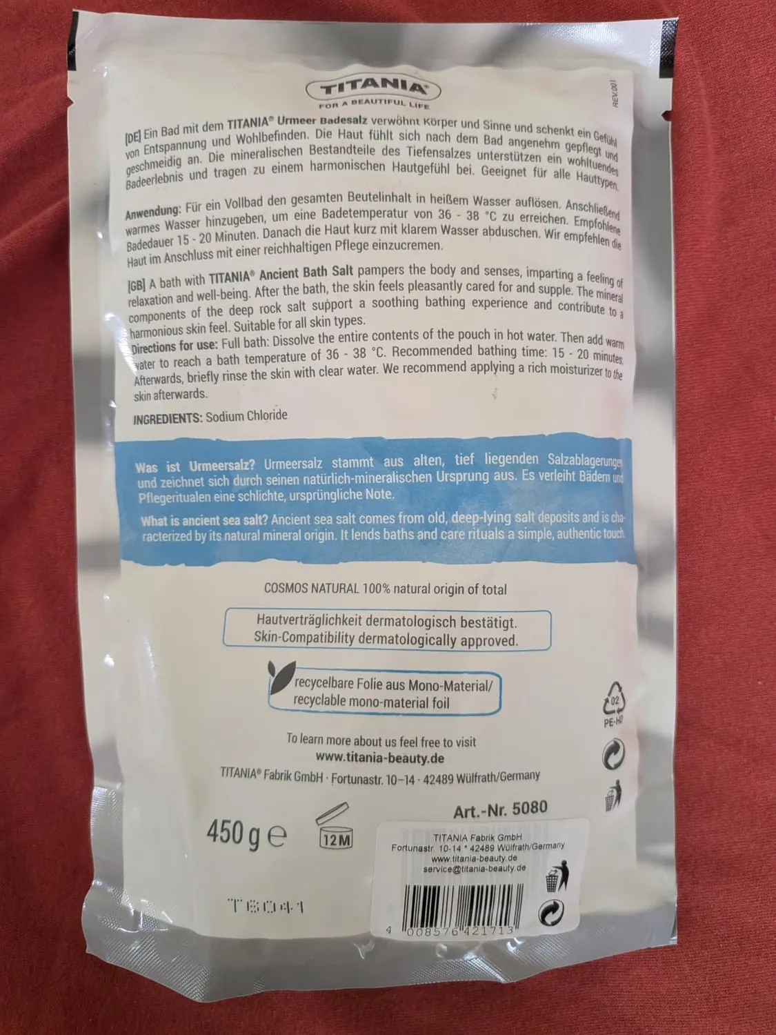 Titania Urmeer Badesalz 450 g Tiefensalz pur