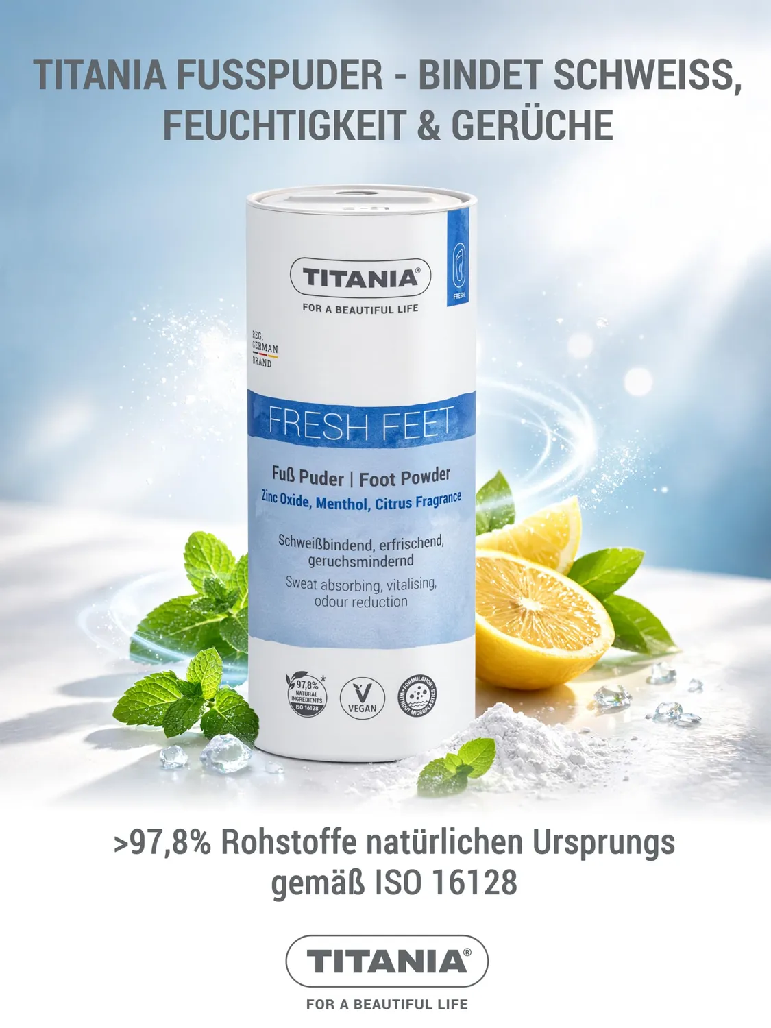 Titania Fußpuder Zinkoxid Menthol Zitrusduft 100 g