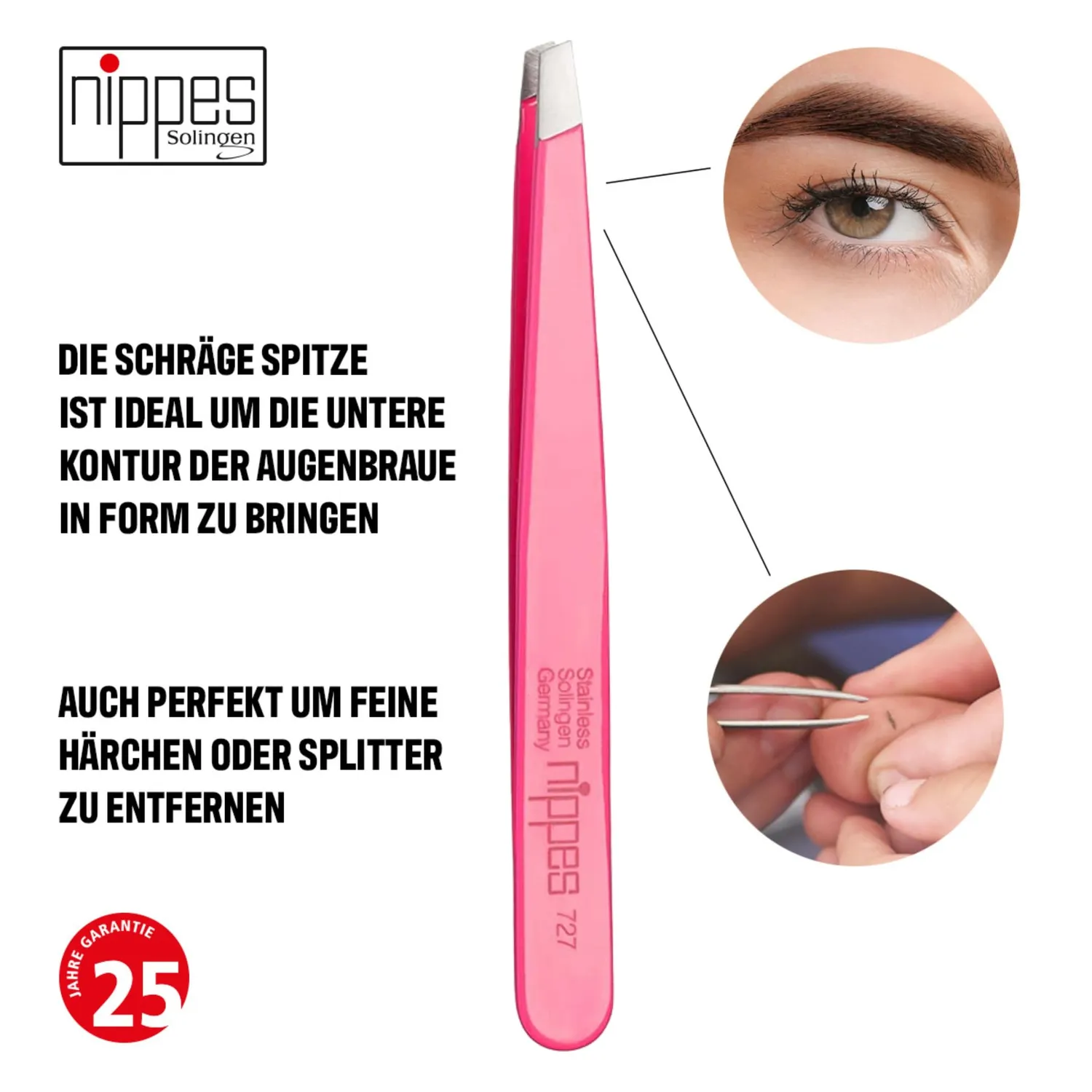 Nippes Solingen Classic Pinzette schräg Pink 9,5 cm rostfrei