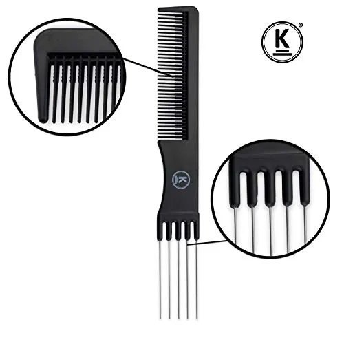 K-Pro Toupierkamm mit Metallgabel Stielkamm Schwarz 19,4 cm