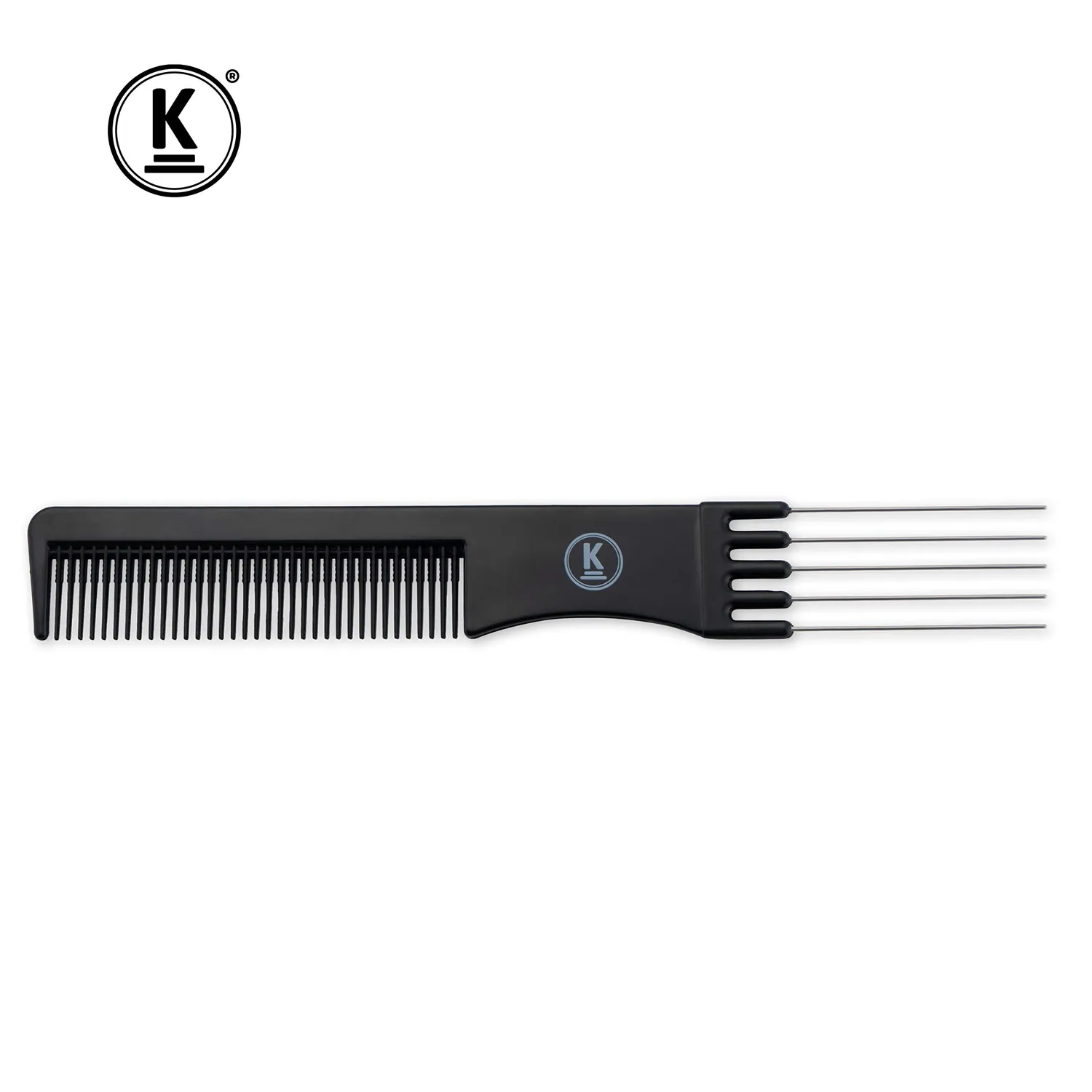 K-Pro Toupierkamm mit Metallgabel Stielkamm Schwarz 19,4 cm