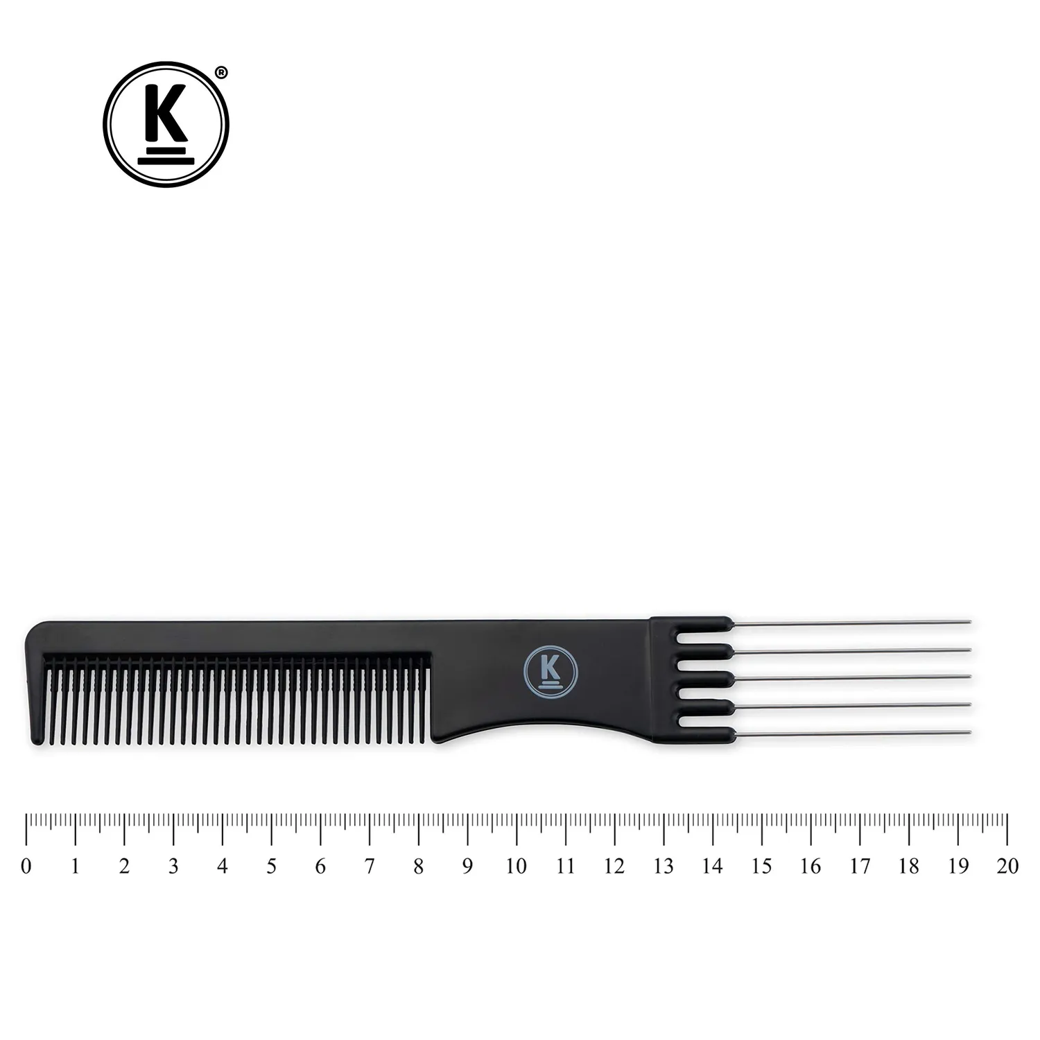 K-Pro Toupierkamm mit Metallgabel Stielkamm Schwarz 19,4 cm