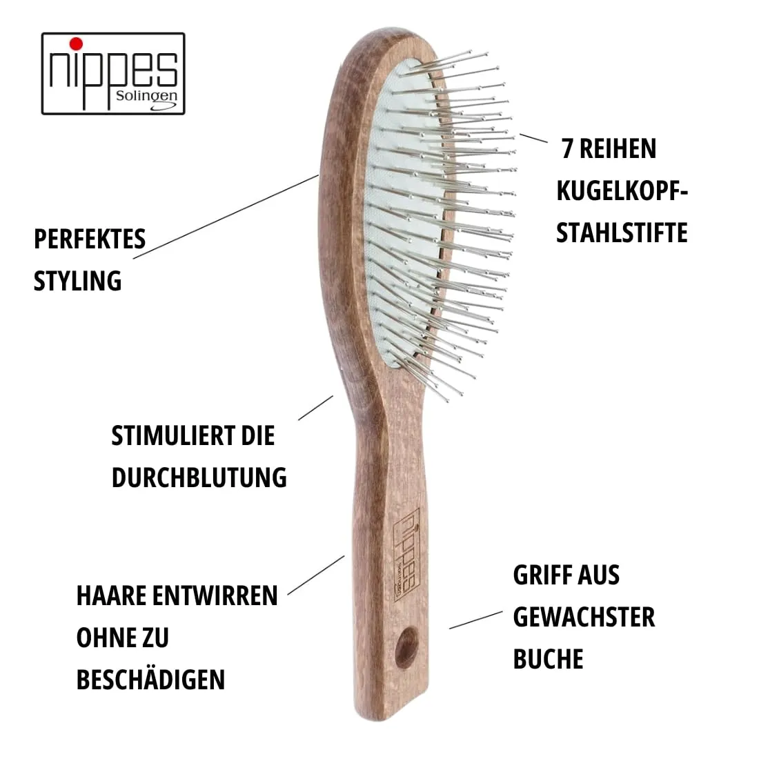Nippes Haarbürste oval 7-reihig Stahl Buchenholz