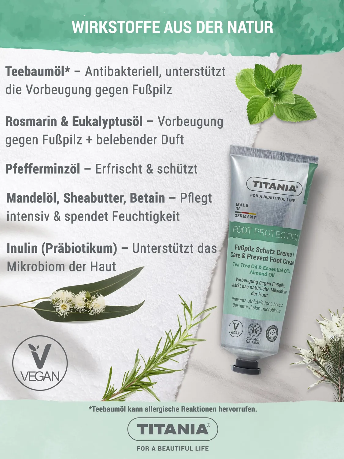 Titania Fußpilz Schutz Creme Fußcreme 75ml Teebaumöl
