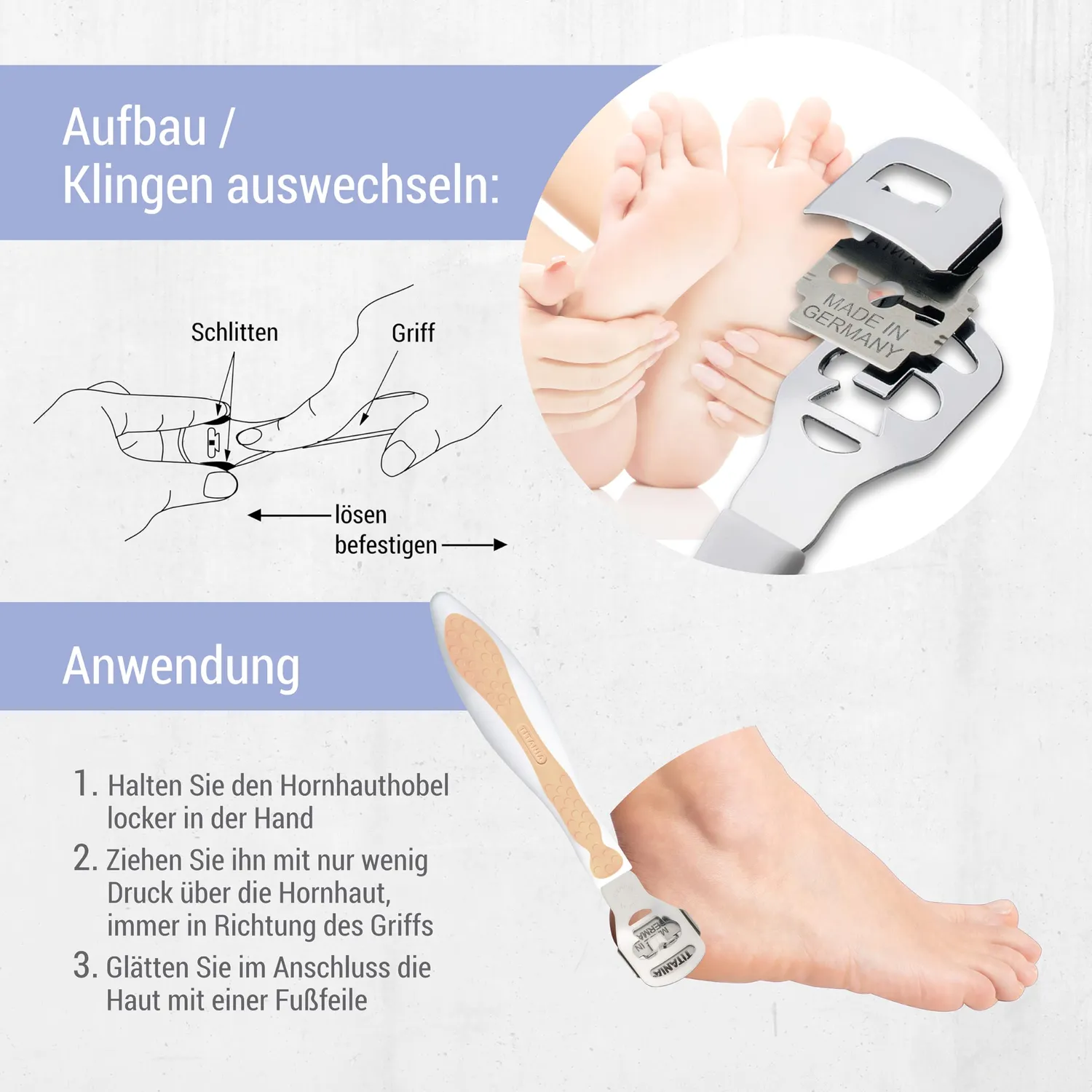 Titania Hornhauthobel Edelstahl Apricot mit 10 Klingen