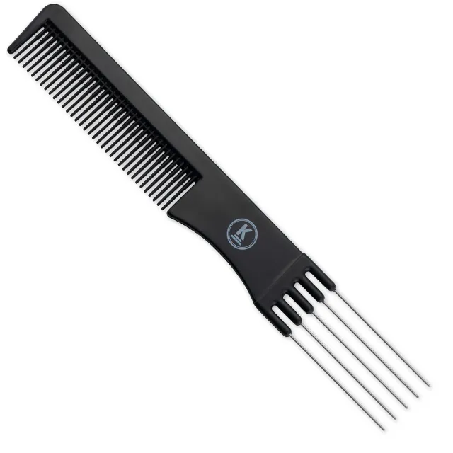 K-Pro Toupierkamm mit Metallgabel Stielkamm Schwarz 19,4 cm