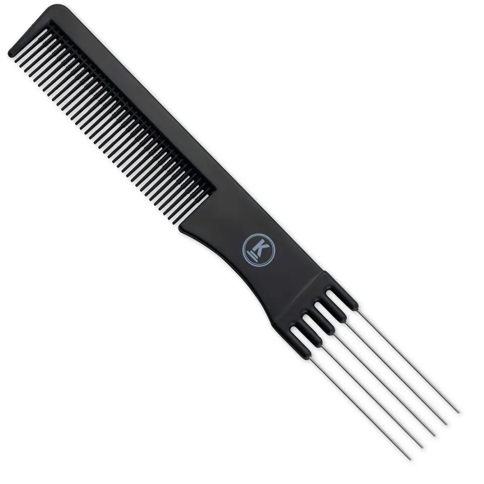 K-Pro Toupierkamm mit Metallgabel Stielkamm Schwarz 19,4 cm