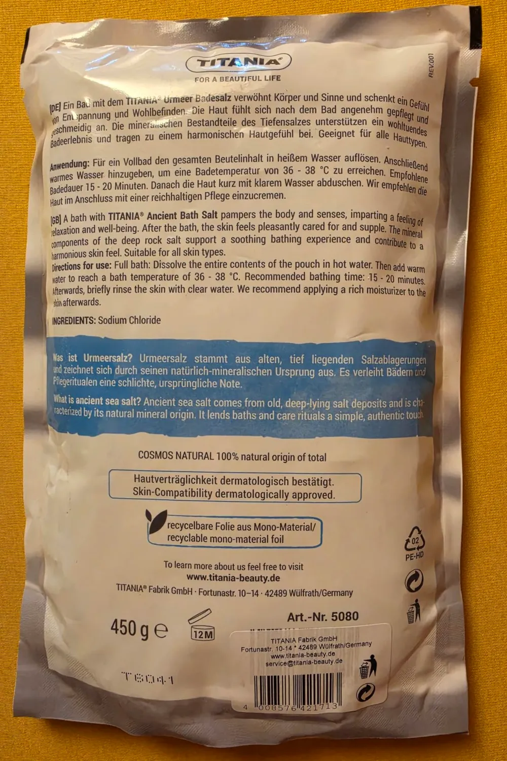 Titania Urmeer Badesalz 450 g Tiefensalz pur