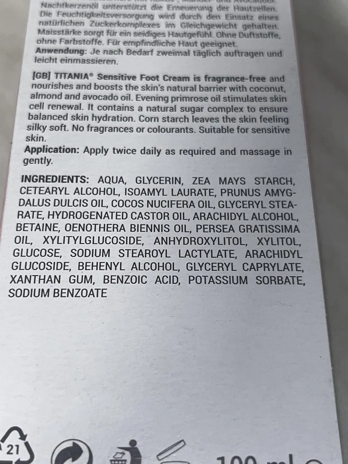 Titania Sensitiv Fußcreme 100 ml parfümfrei vegan