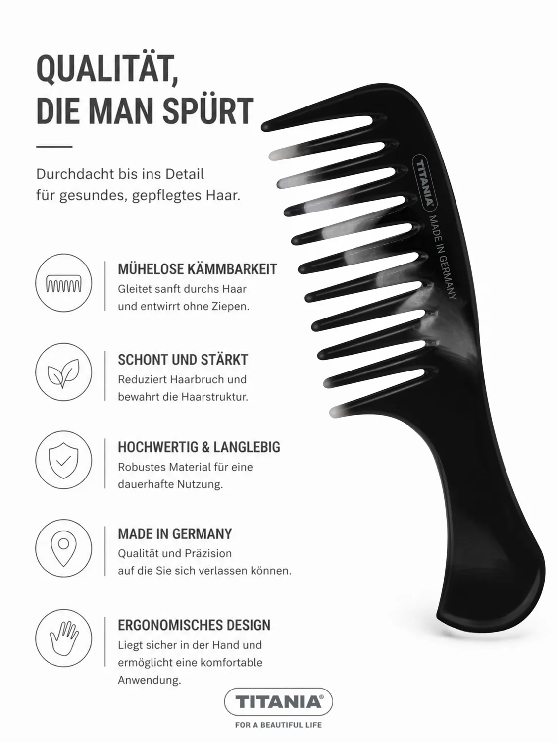 Titania Entwirrkamm grobzinkig mit Griff Schwarz-Weiß