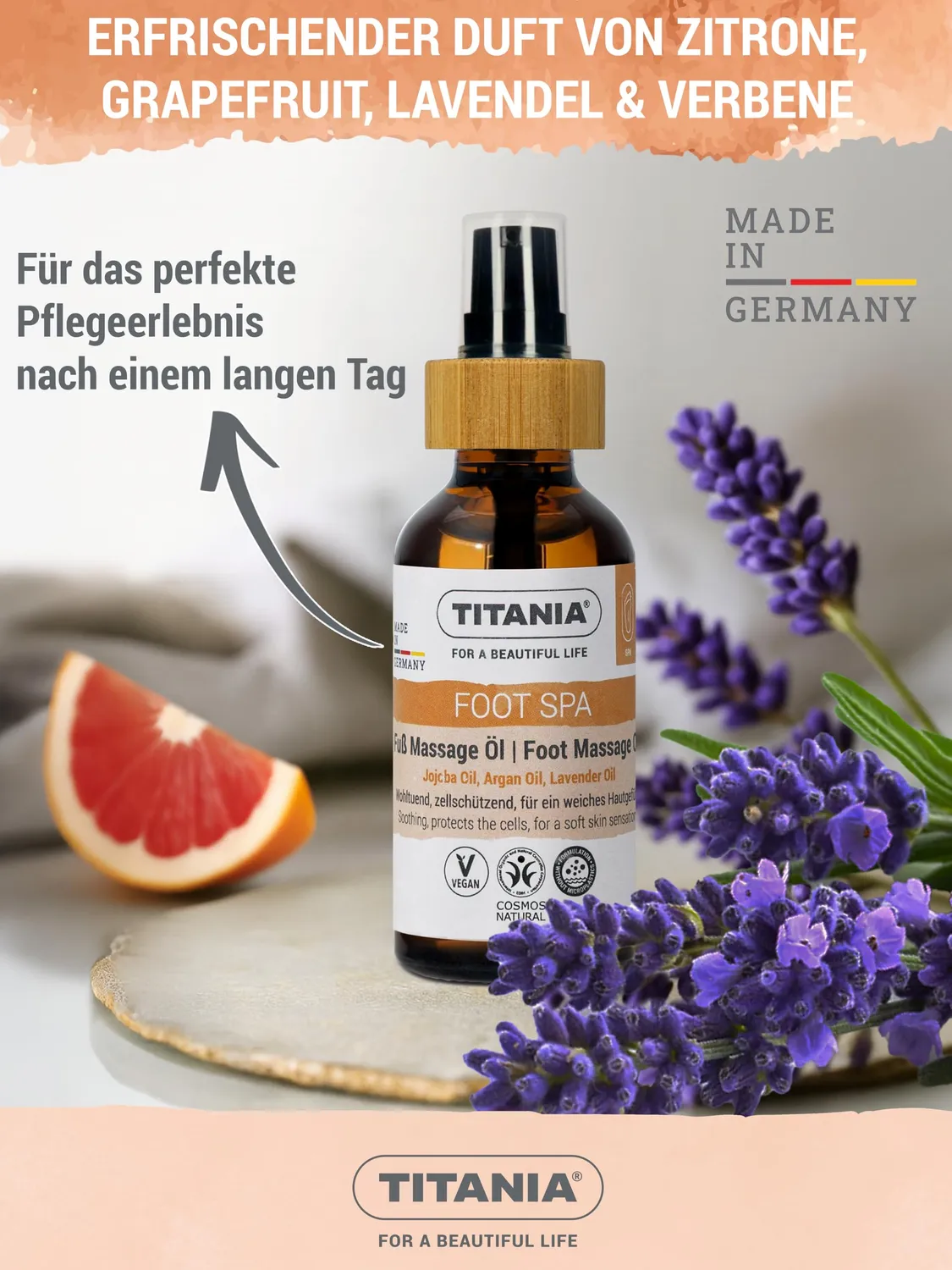 Titania Fuß Massage Öl 58 ml vegan Jojoba Argan