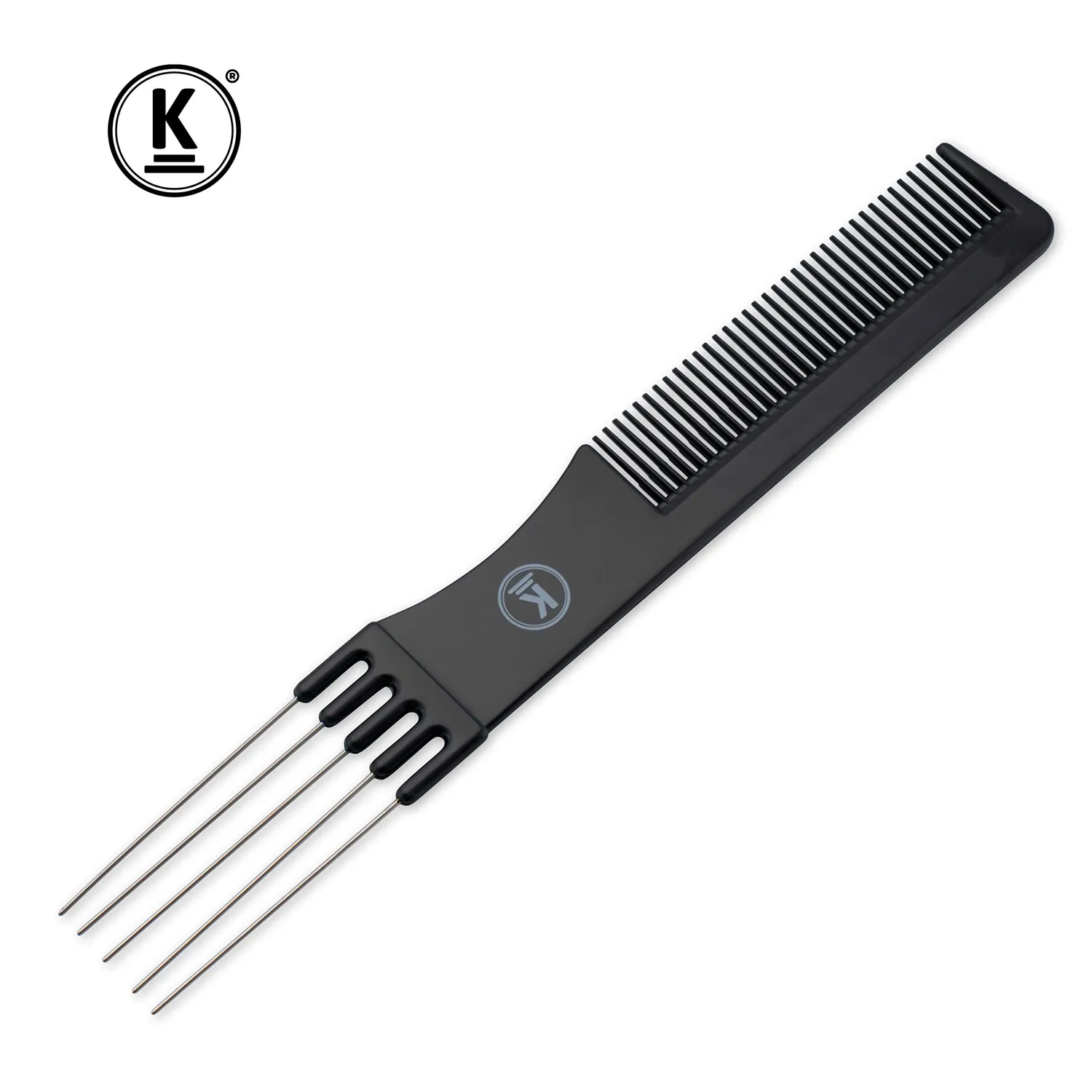 K-Pro Toupierkamm mit Metallgabel Stielkamm Schwarz 19,4 cm